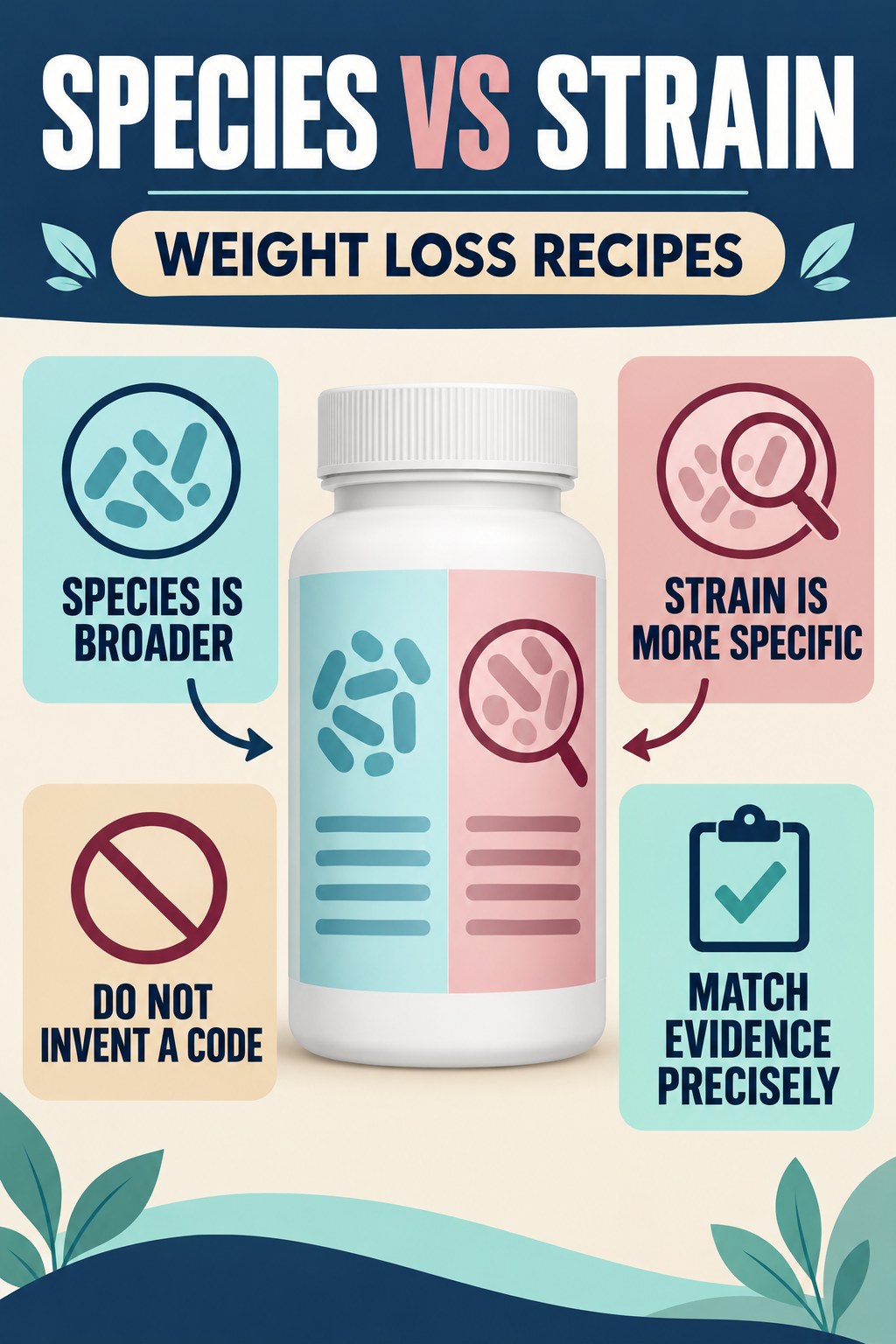 Species Name Versus Strain Code infographic for Weight Loss Recipes with four concise probiotic-label reading points.