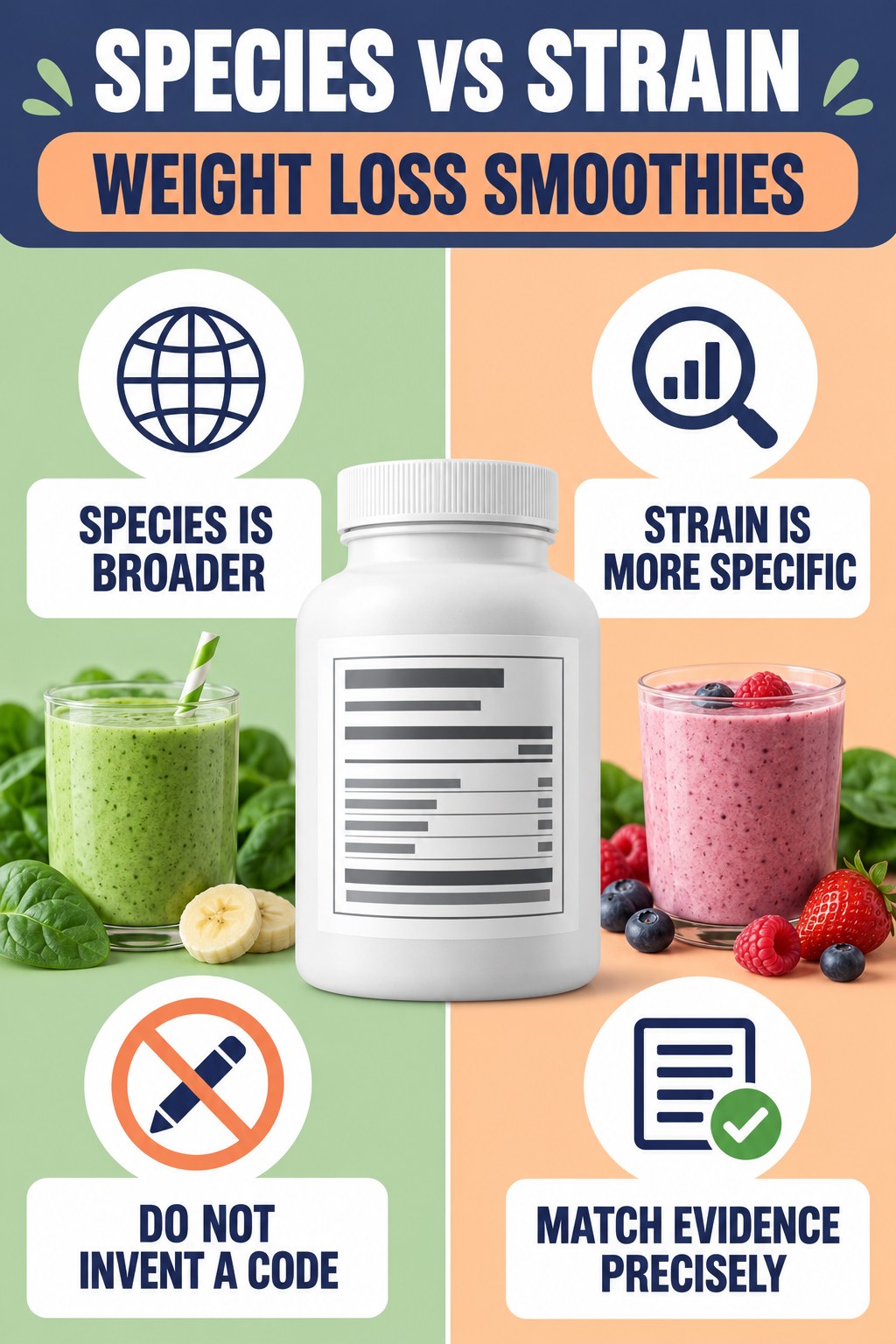 Species Name Versus Strain Code infographic for Weight Loss Smoothies with four concise probiotic-label reading points.