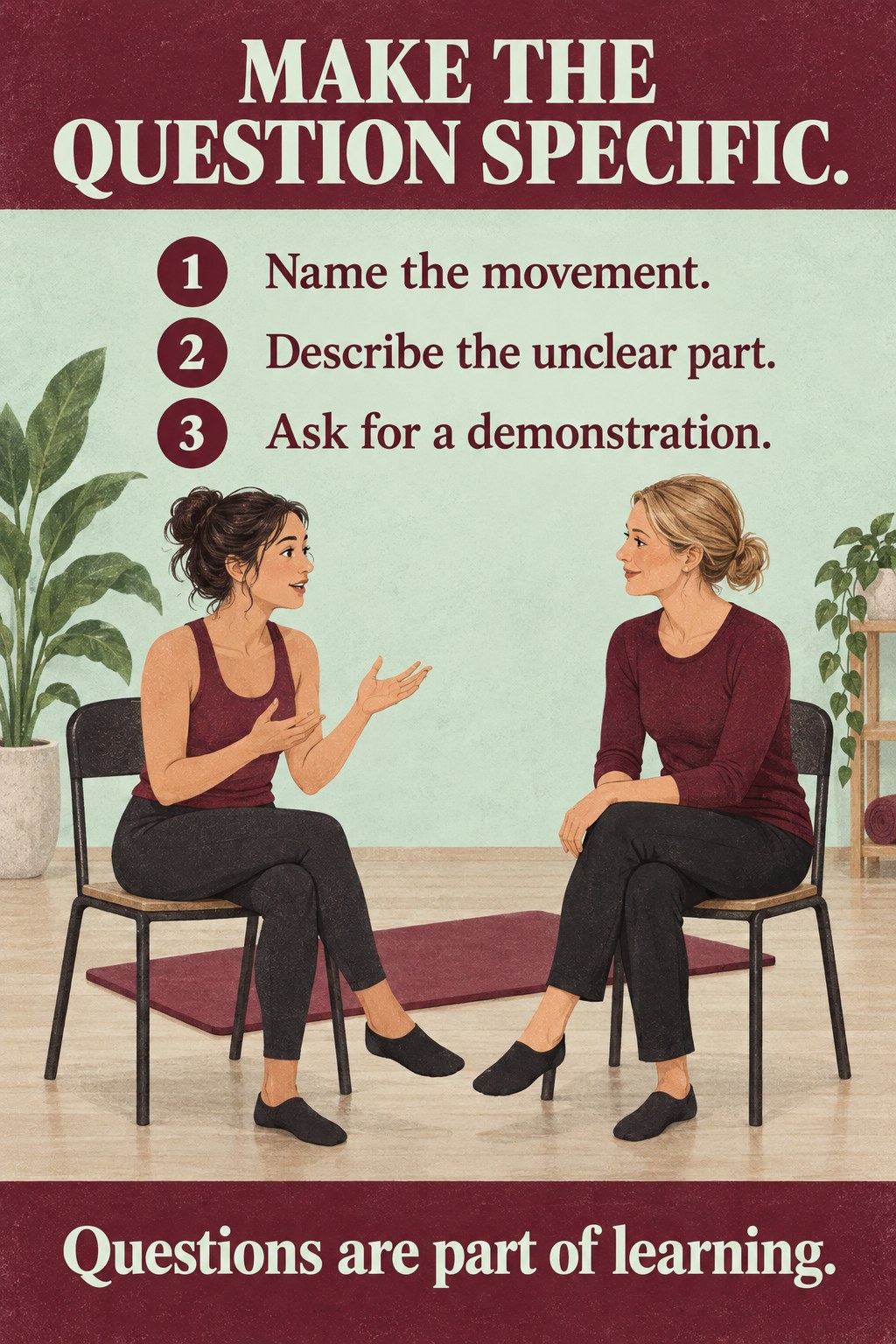 Pilates instructor and adult participant discussing a movement beside a mat.