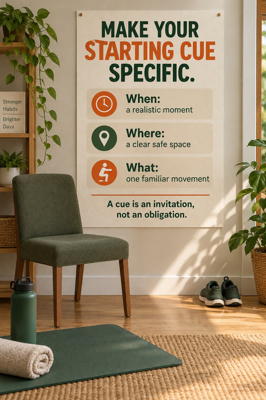 Forest green chair and exercise corner sit below a when, where, and what starting-cue poster.