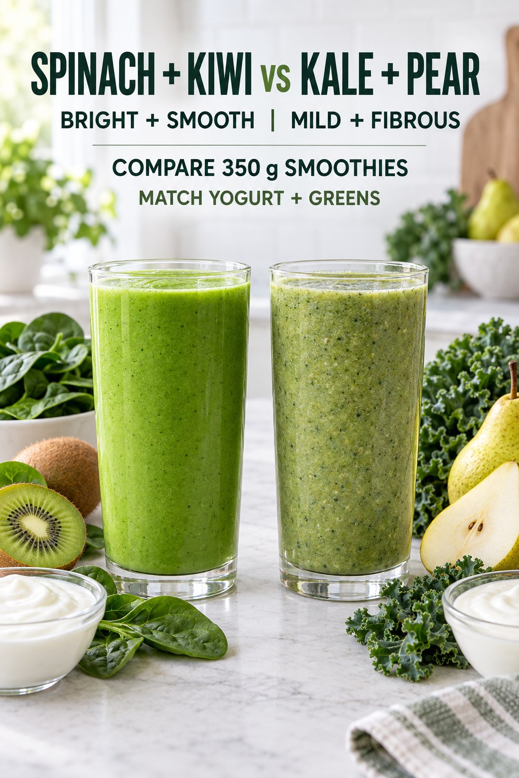 Spinach kiwi yogurt smoothie and kale pear yogurt smoothie in equal green portions with fresh ingredients beside each glass.