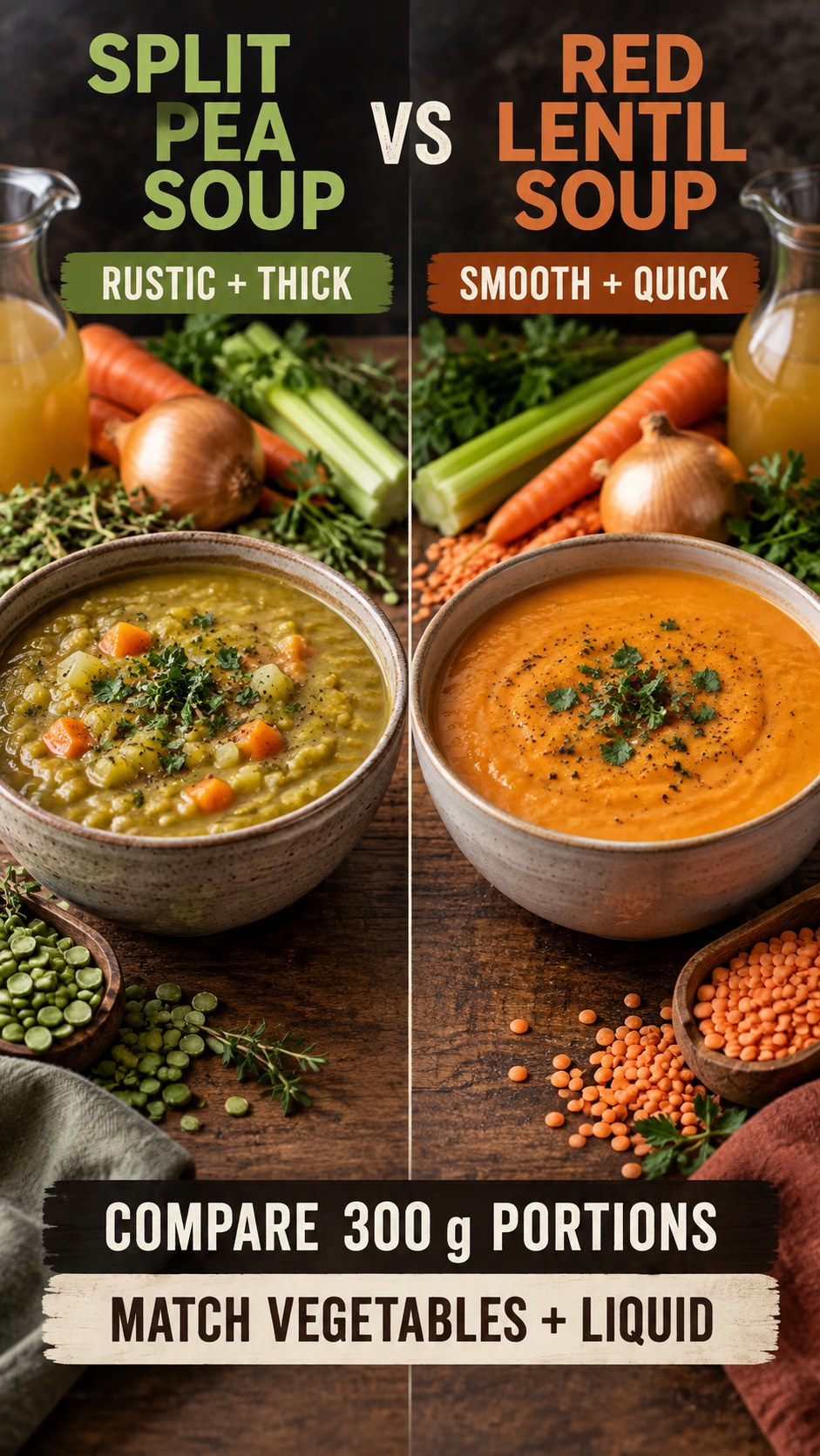 Split pea soup and red lentil soup in equal bowls with matching vegetables and herbs for dinner.