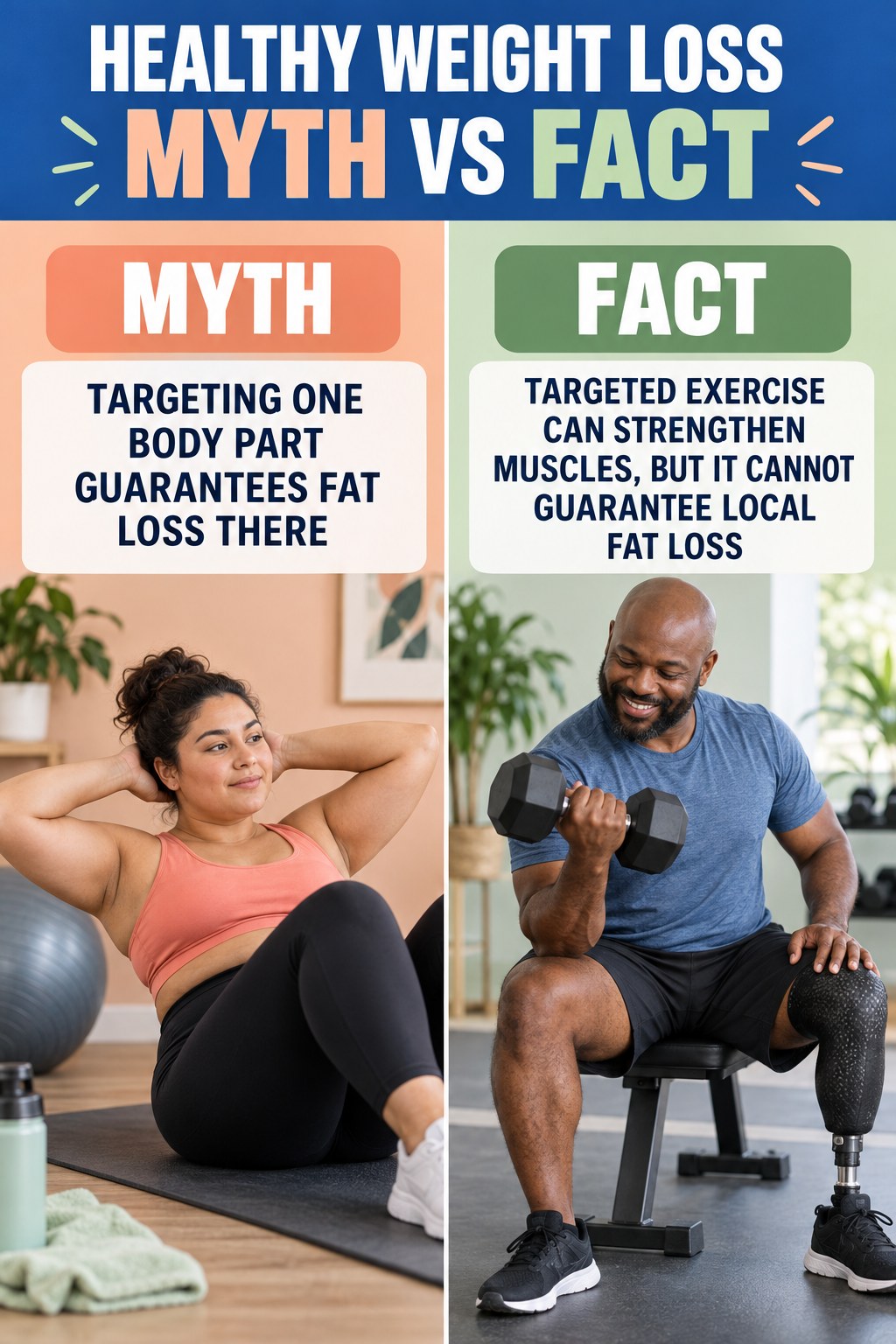 Healthy Weight Loss Myth vs Fact graphic correcting the misconception about spot reduction.