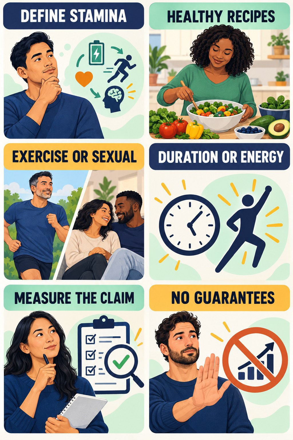 Stamina Is Too Vague Without an Endpoint evidence-literacy infographic for Healthy Recipes with four concise claim-evaluation checks.
