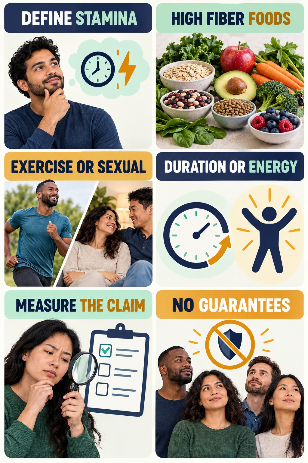 Stamina Is Too Vague Without an Endpoint evidence-literacy infographic for High Fiber Foods with four concise claim-evaluation checks.