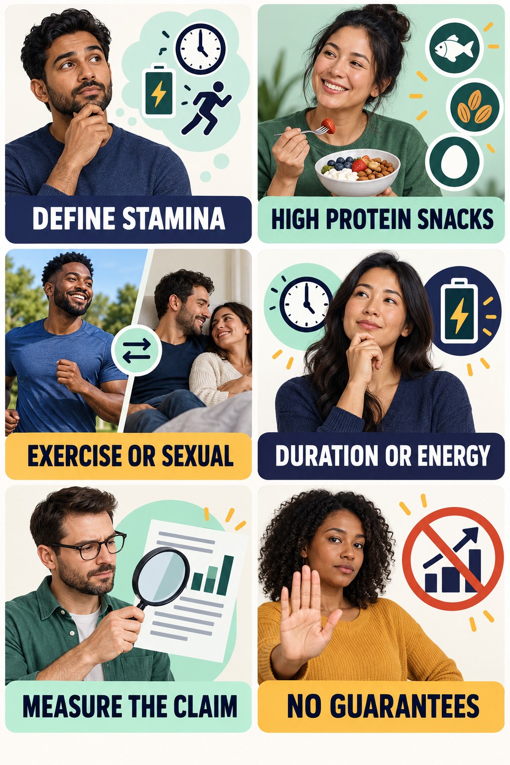 Stamina Is Too Vague Without an Endpoint evidence-literacy infographic for High Protein Snacks with four concise claim-evaluation checks.
