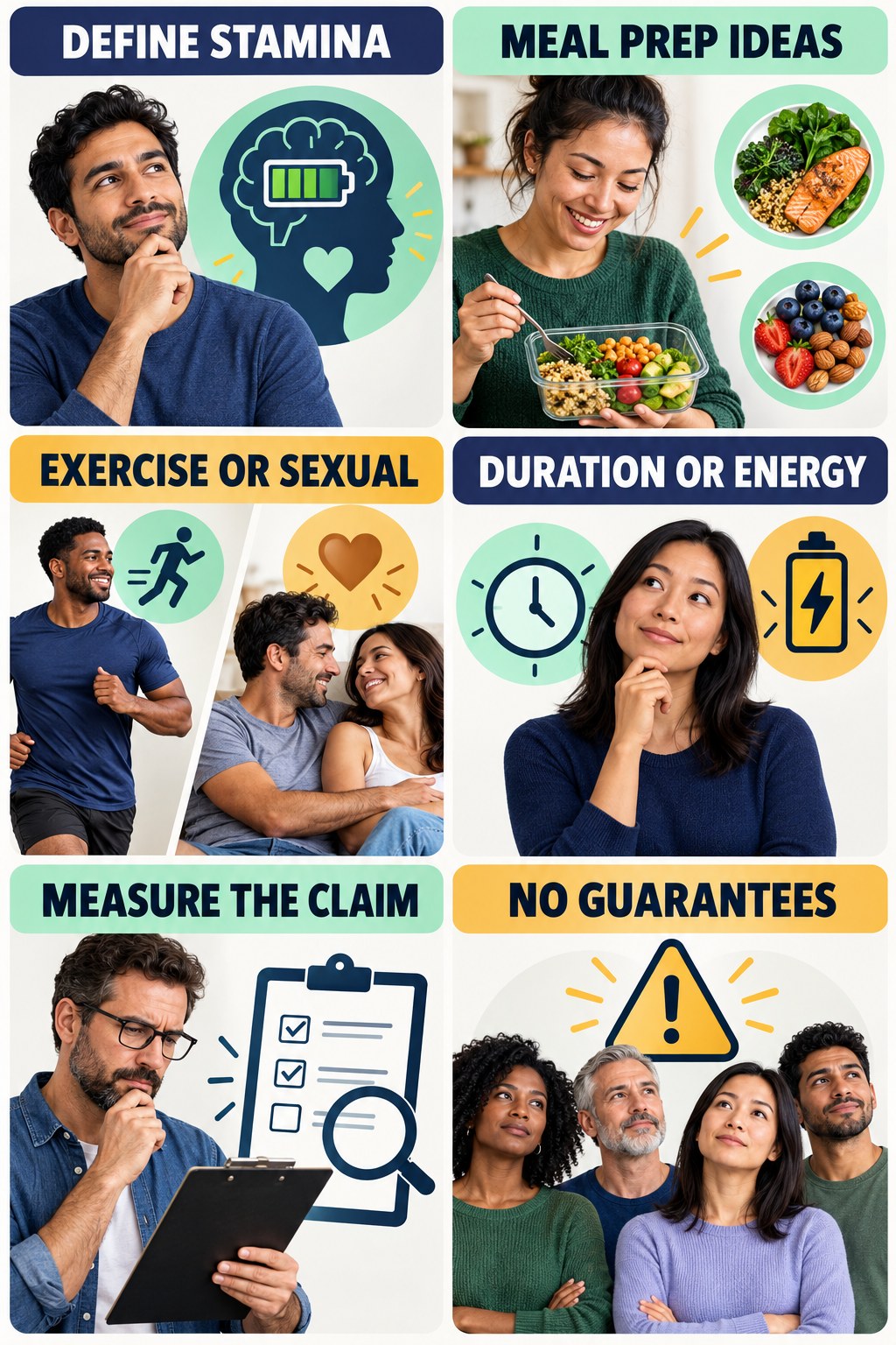Stamina Is Too Vague Without an Endpoint evidence-literacy infographic for Meal Prep Ideas with four concise claim-evaluation checks.