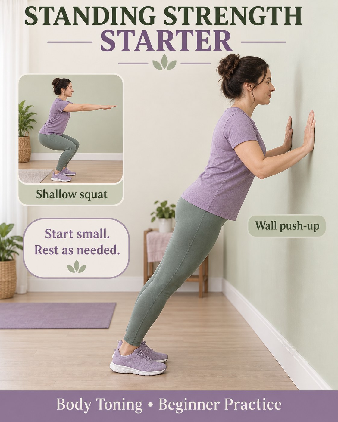 A woman demonstrating a wall push-up against a solid wall with a straight body line and both feet on a clear floor.