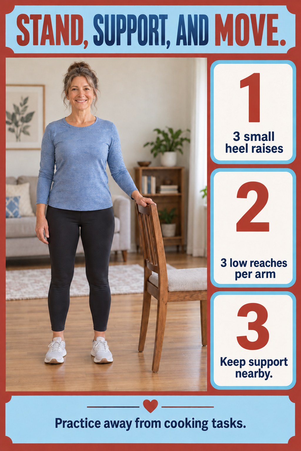 Adult standing beside an ordinary sturdy dining chair with one hand resting lightly on its back.