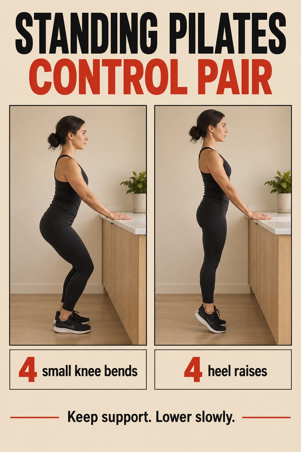 Two panels show an adult holding a fixed counter for a shallow knee bend and a small heel raise.