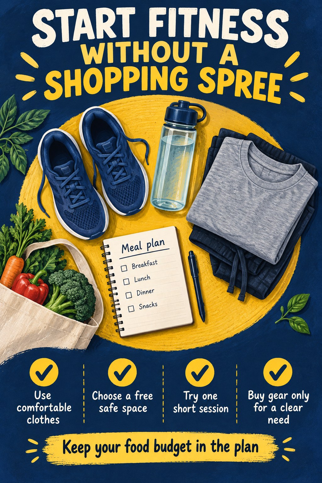Illustrated shoes, water bottle, clothes, and meal notebook accompany a four-step beginner fitness budget checklist.