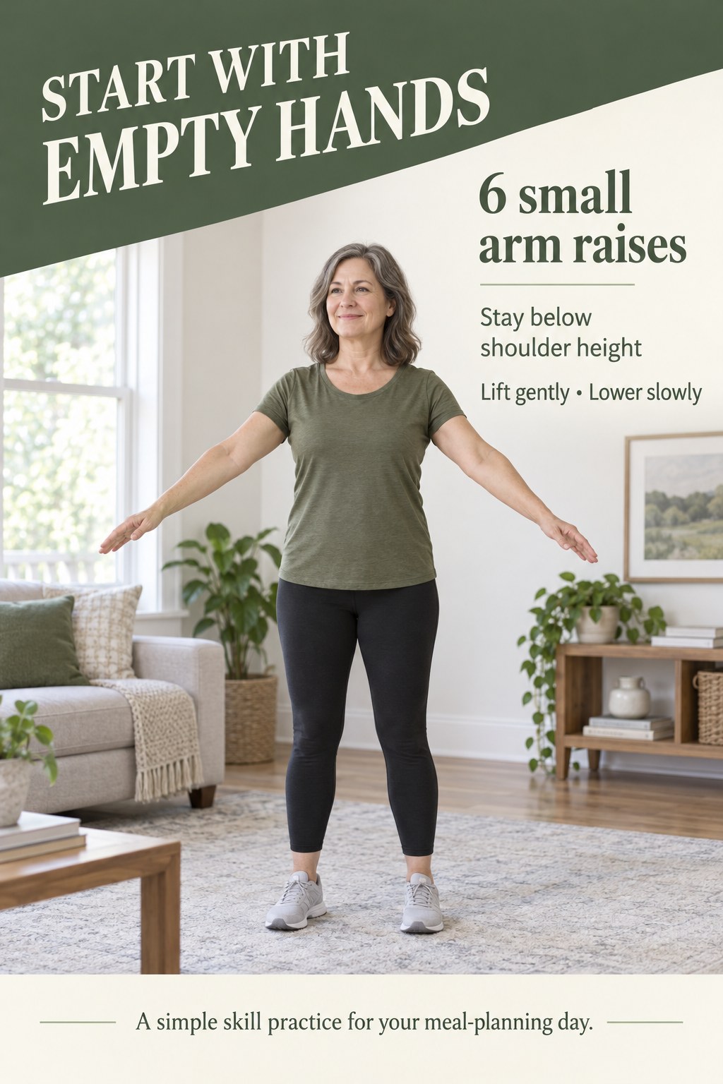 Woman demonstrates a small unweighted arm raise below shoulder height in a green and cream beginner fitness poster.