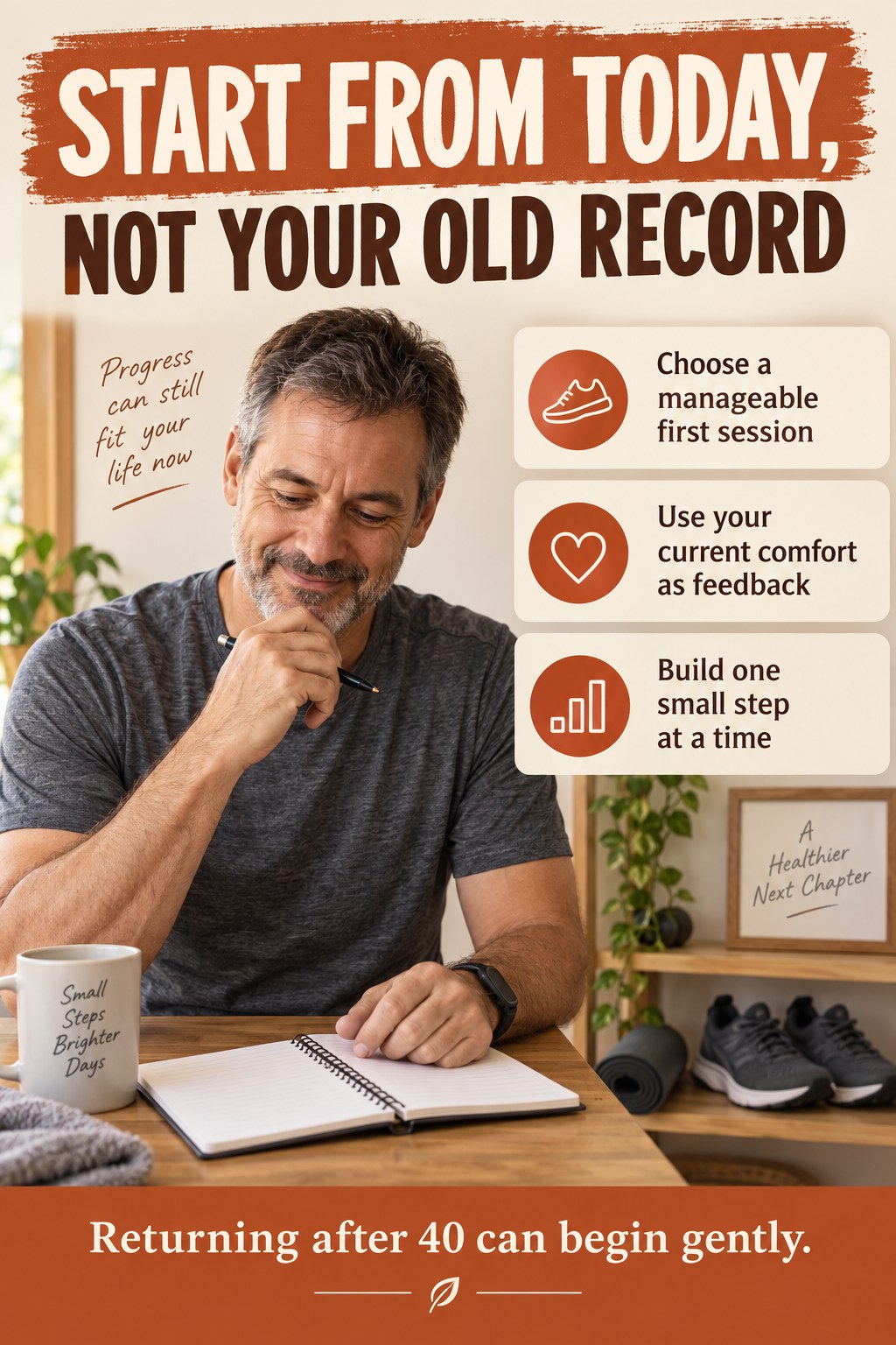 Middle-aged man reviews a notebook beside simple reminders to start from current ability and build one small step at a time.