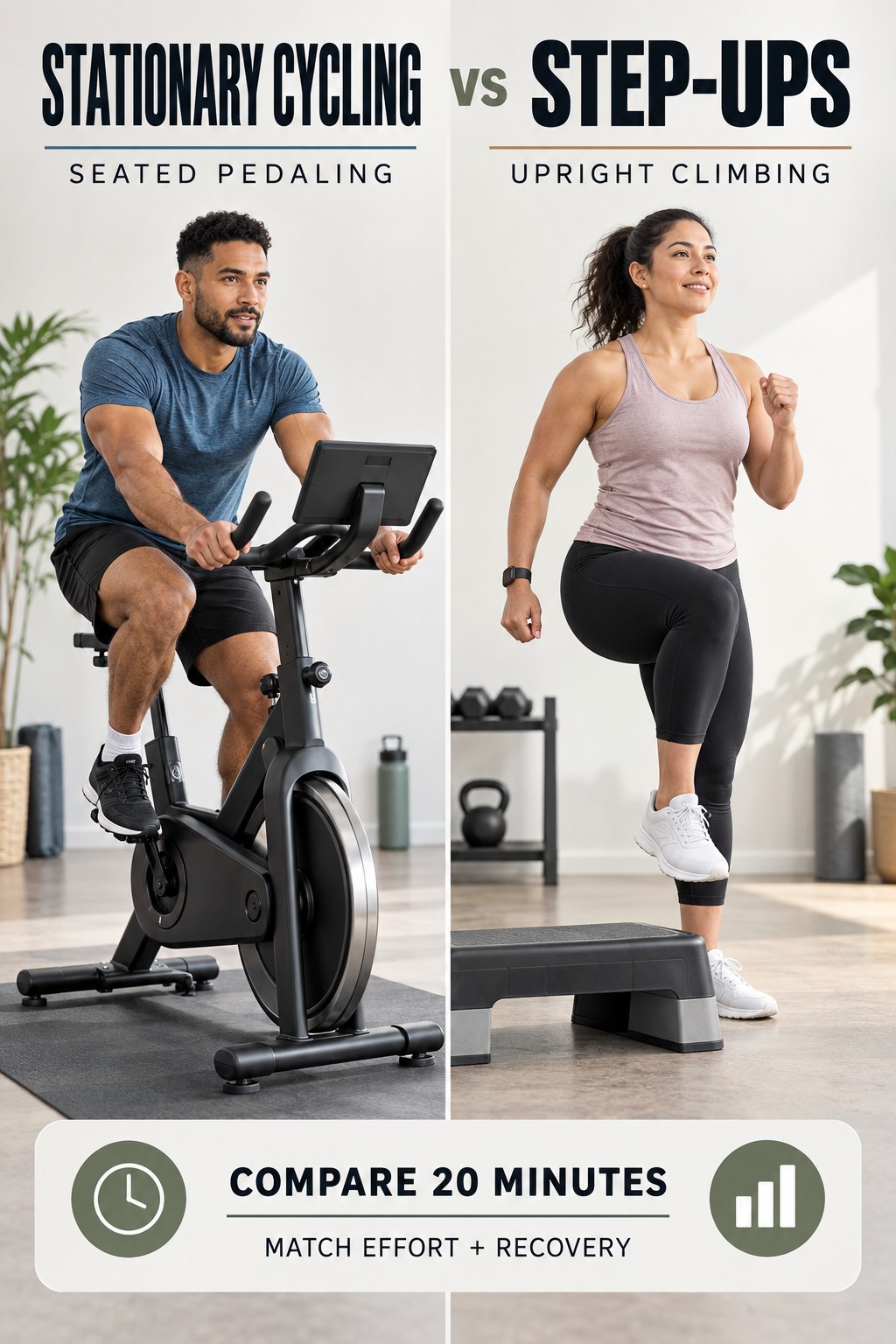 Adults demonstrating stationary cycling and low step-ups during matched 20-minute cardio sessions.