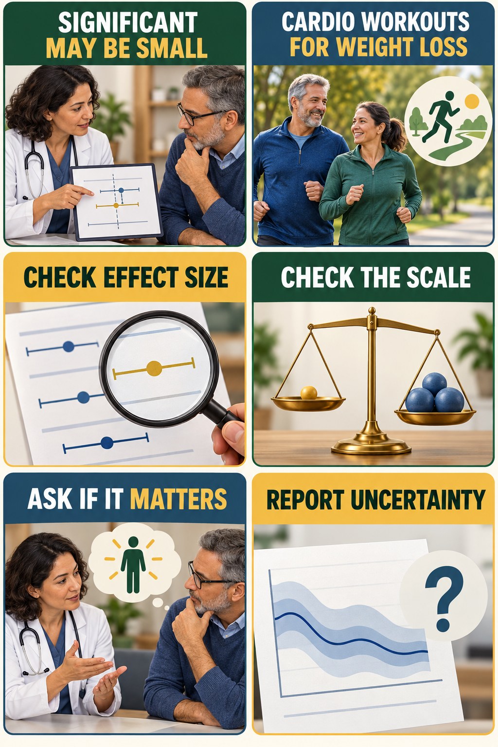 Statistical Significance Needs Clinical Meaning evidence-literacy infographic for Cardio Workouts for Weight Loss with four concise claim-evaluation checks.