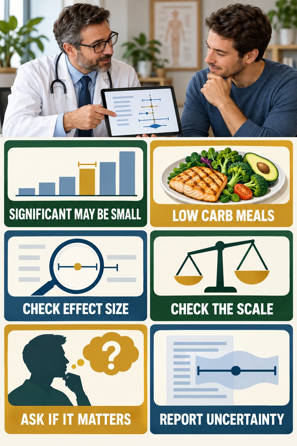 Statistical Significance Needs Clinical Meaning evidence-literacy infographic for Low Carb Meals with four concise claim-evaluation checks.