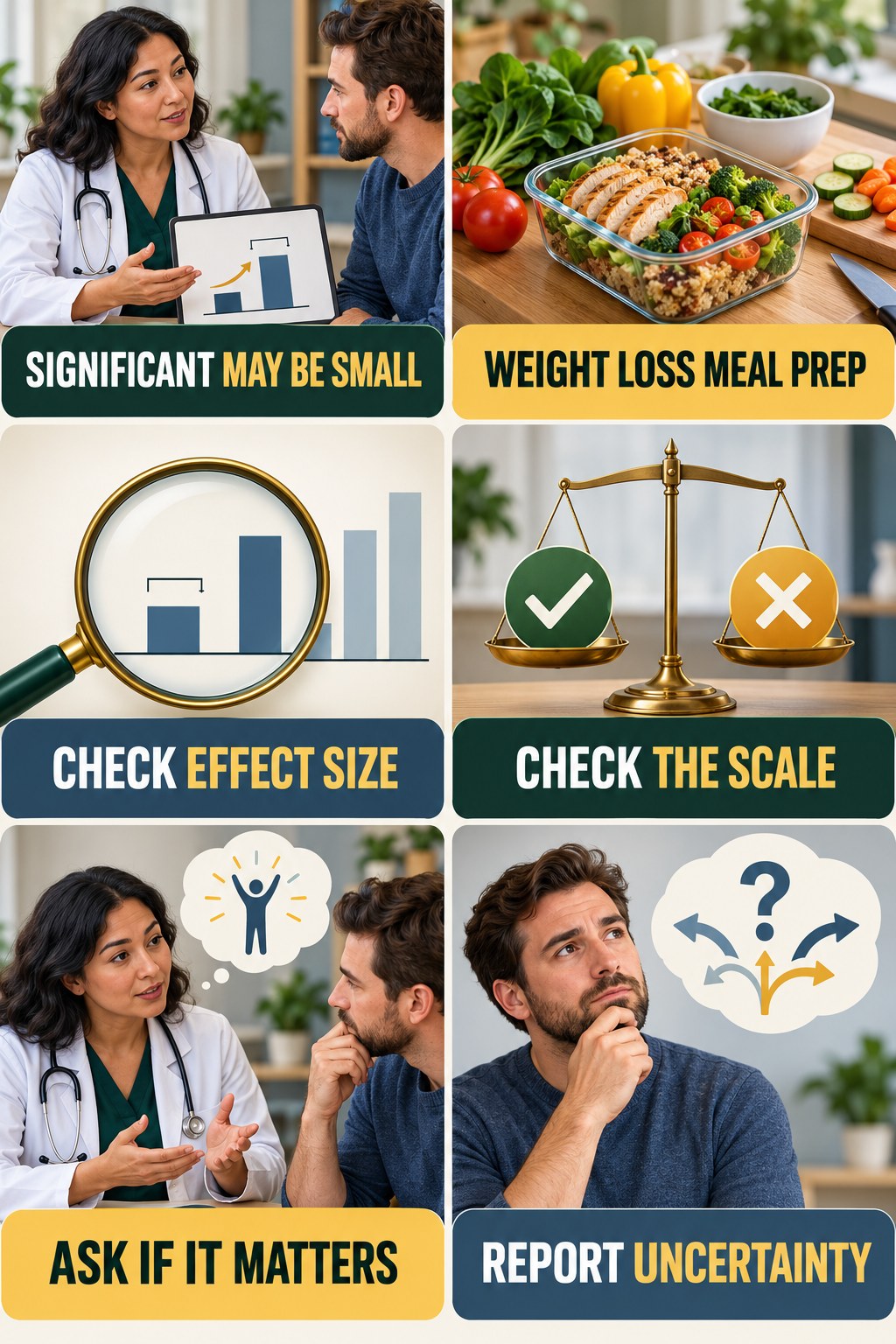 Statistical Significance Needs Clinical Meaning evidence-literacy infographic for Weight Loss Meal Prep with four concise claim-evaluation checks.