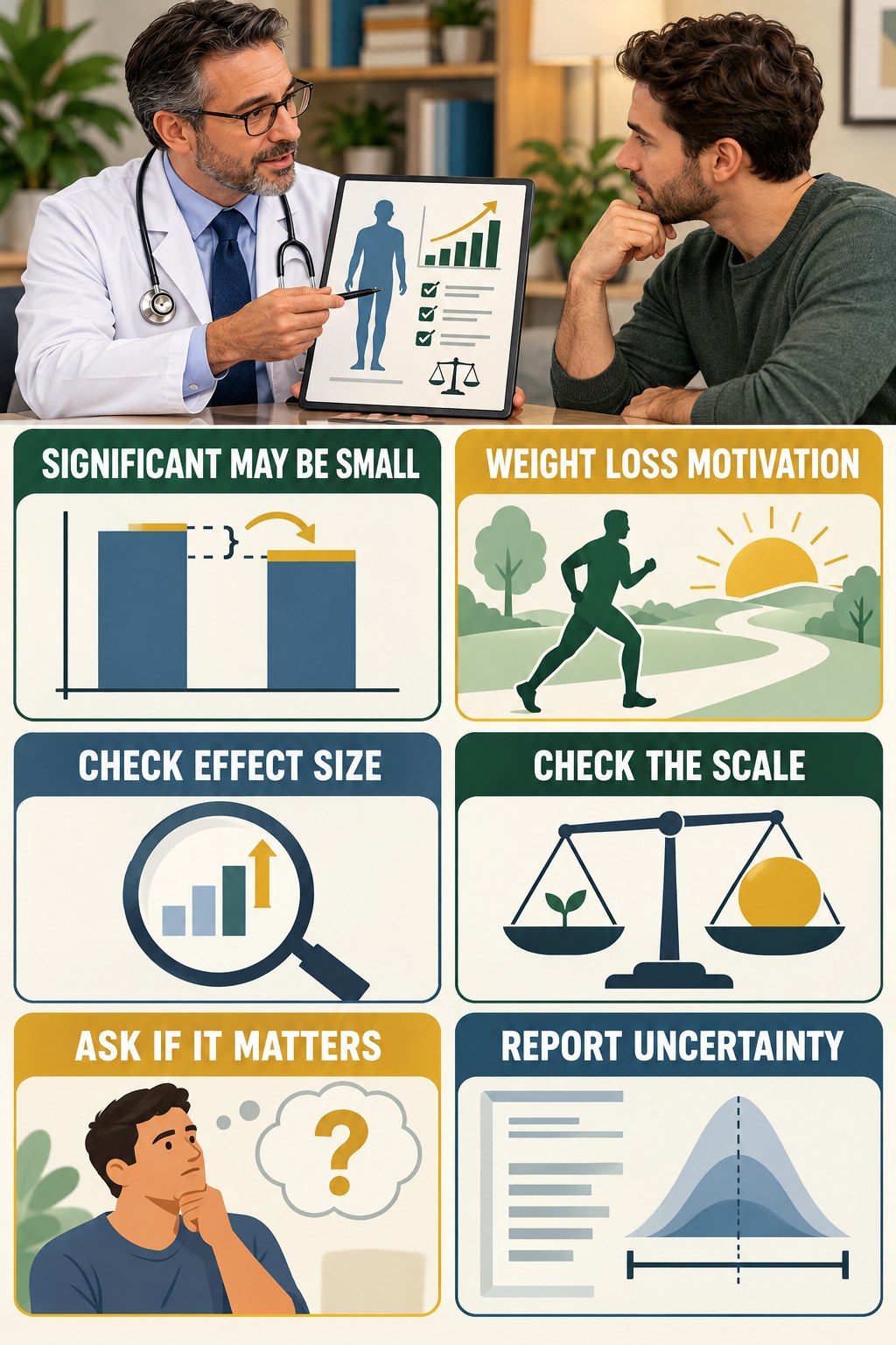Statistical Significance Needs Clinical Meaning evidence-literacy infographic for Weight Loss Motivation with four concise claim-evaluation checks.