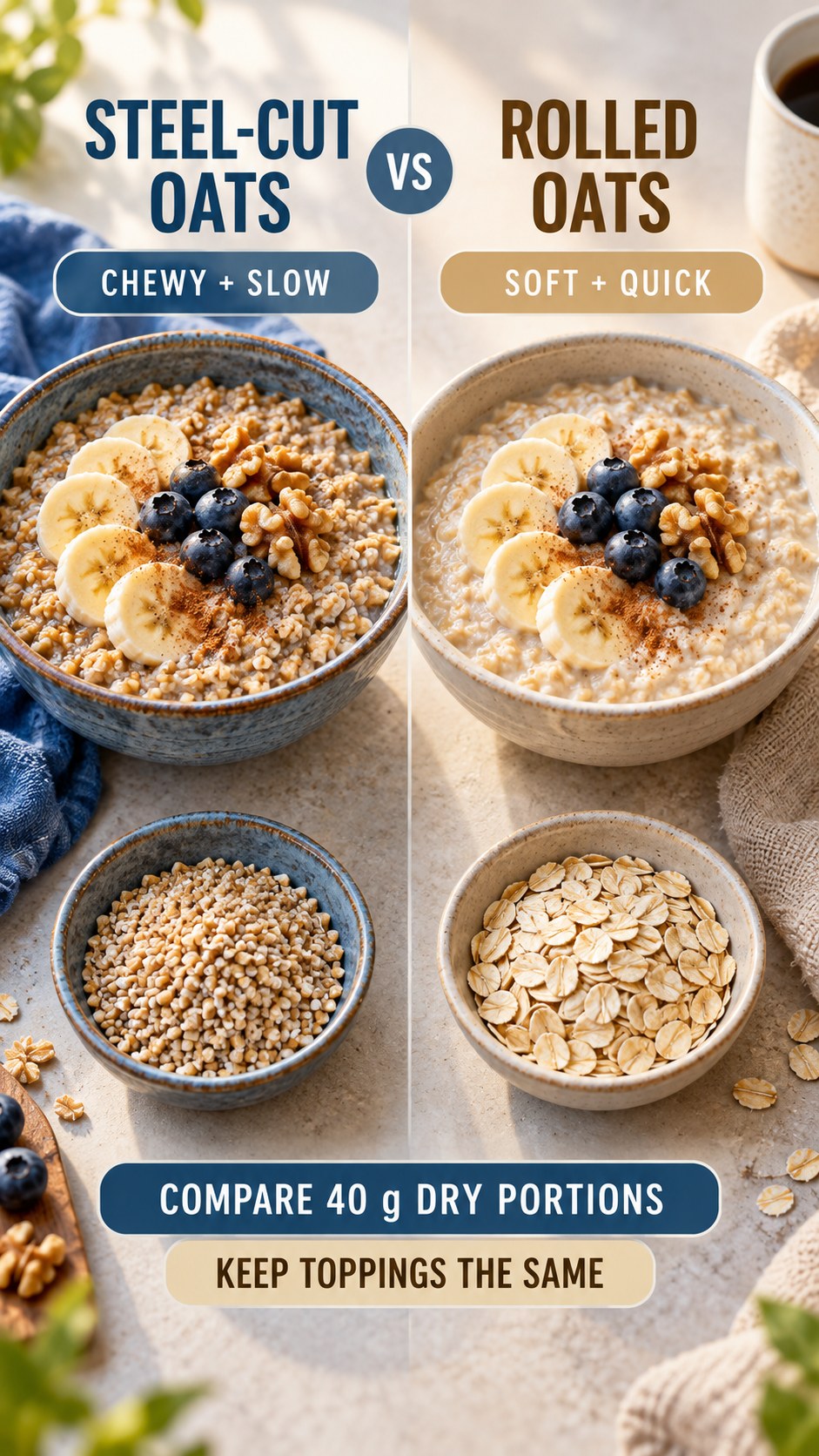 Steel-cut oats and rolled oats in equal 40 g dry portions with cooked bowls, compared for texture and preparation.