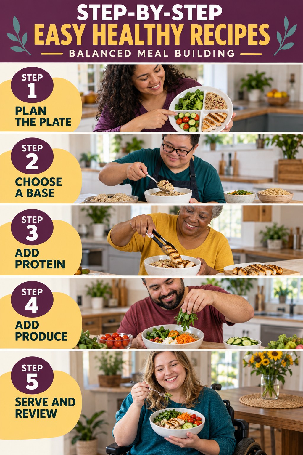 Easy Healthy Recipes step-by-step graphic showing five numbered stages for balanced meal building.