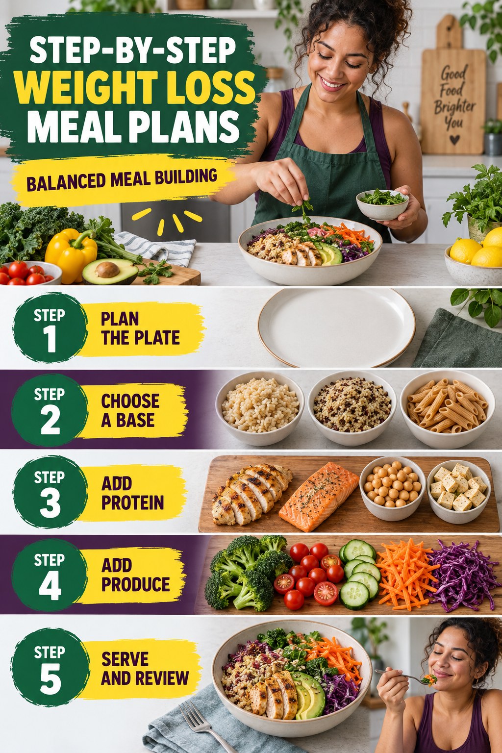 Weight Loss Meal Plans step-by-step graphic showing five numbered stages for balanced meal building.