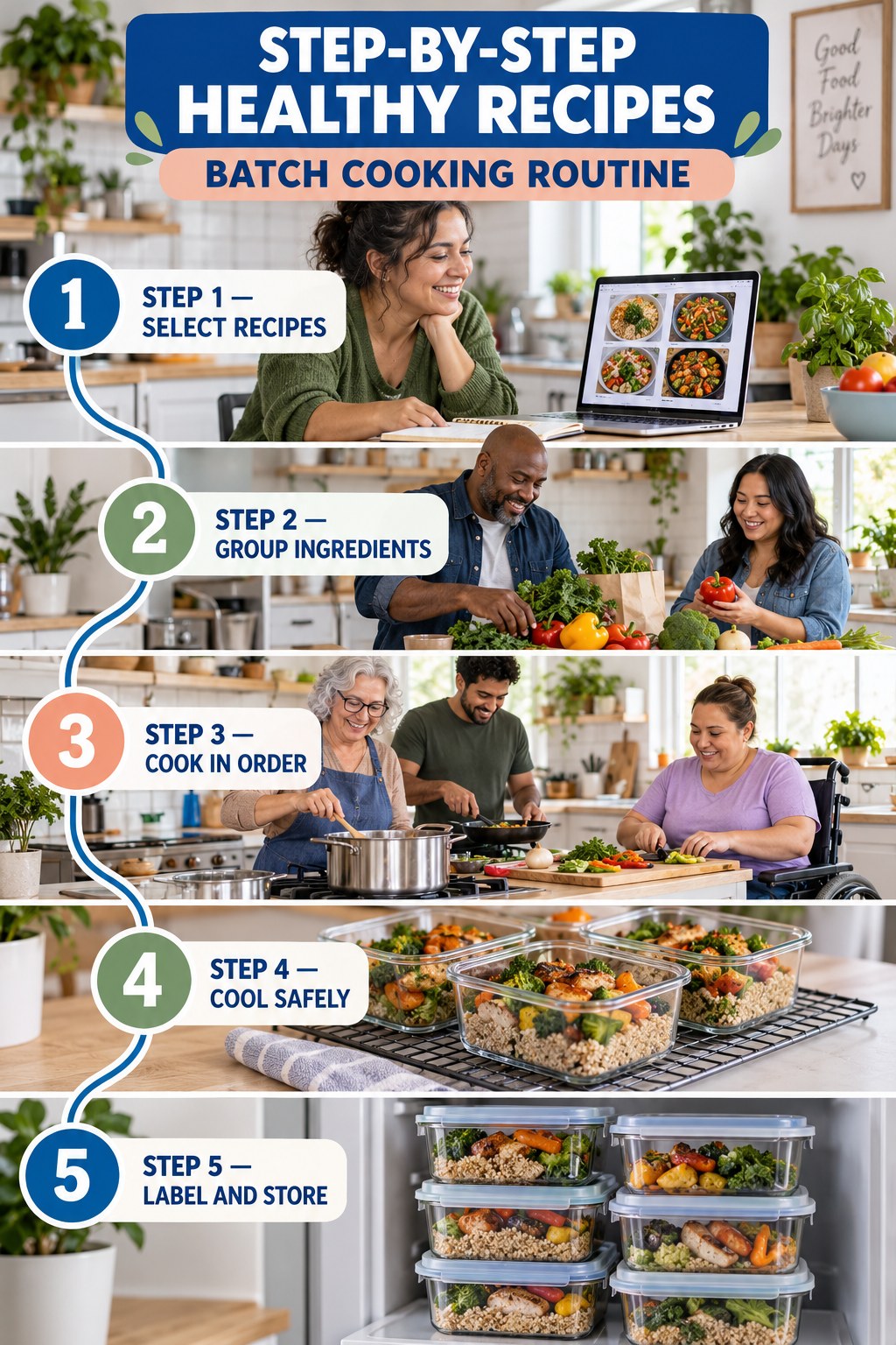 Healthy Recipes step-by-step graphic showing five numbered stages for batch cooking routine.