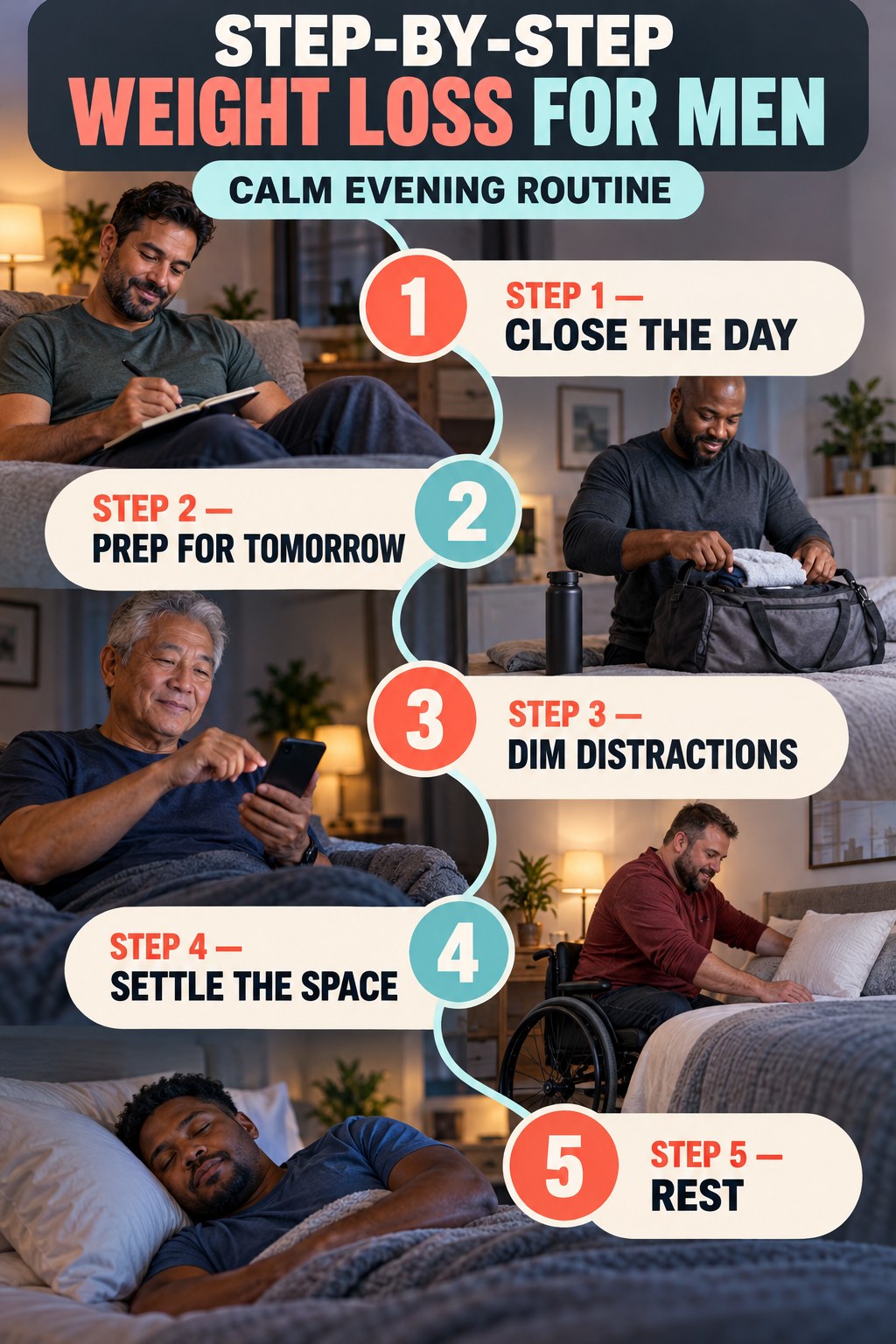 Weight Loss for Men step-by-step graphic showing five numbered stages for calm evening routine.