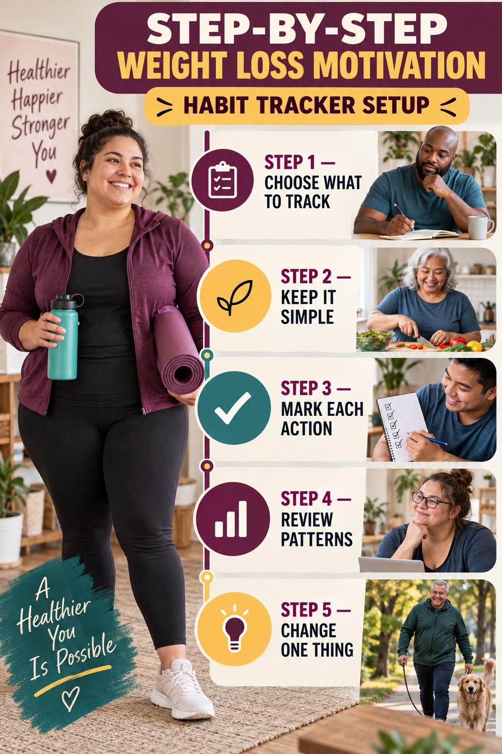 Weight Loss Motivation step-by-step graphic showing five numbered stages for habit tracker setup.