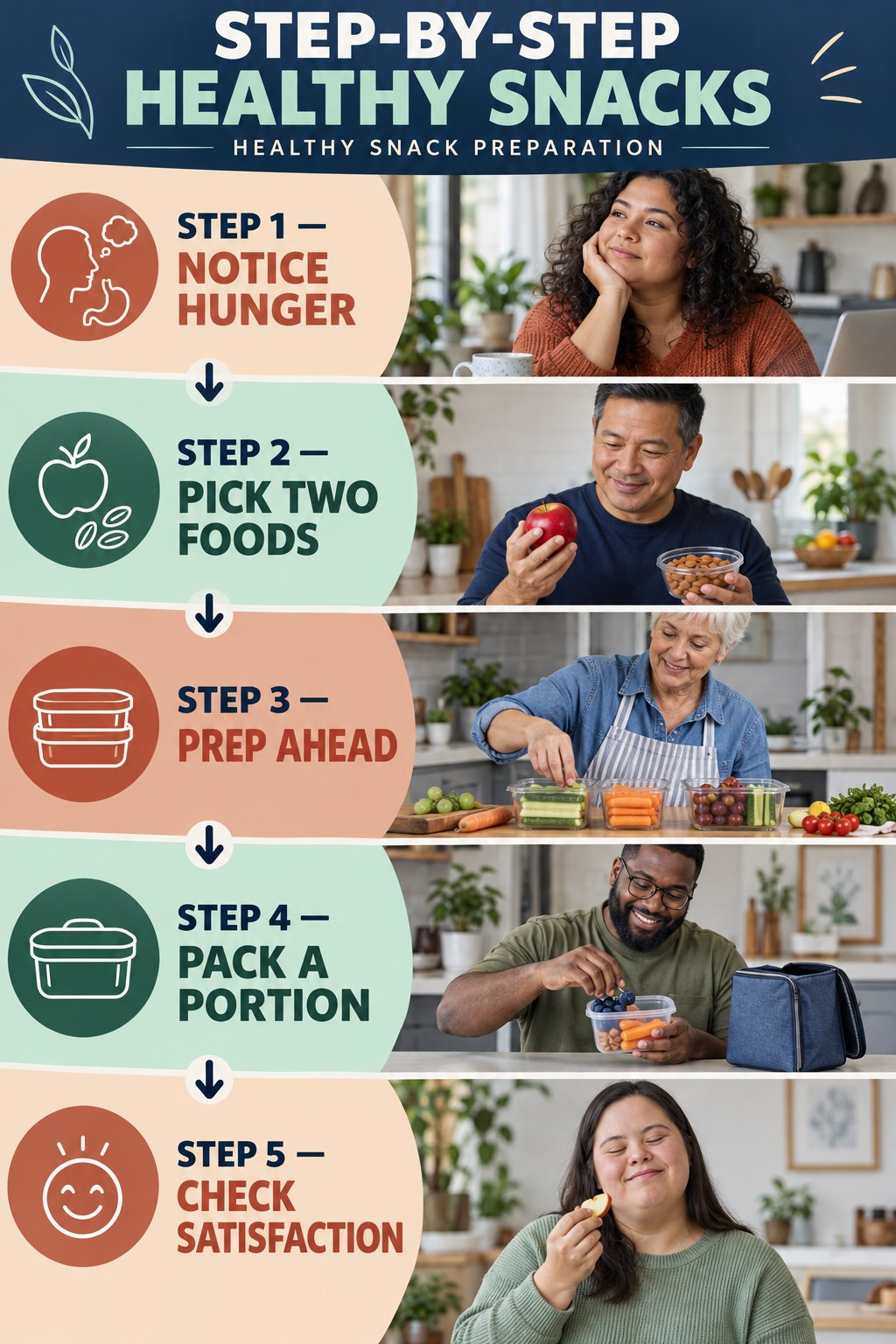 Healthy Snacks step-by-step graphic showing five numbered stages for healthy snack preparation.