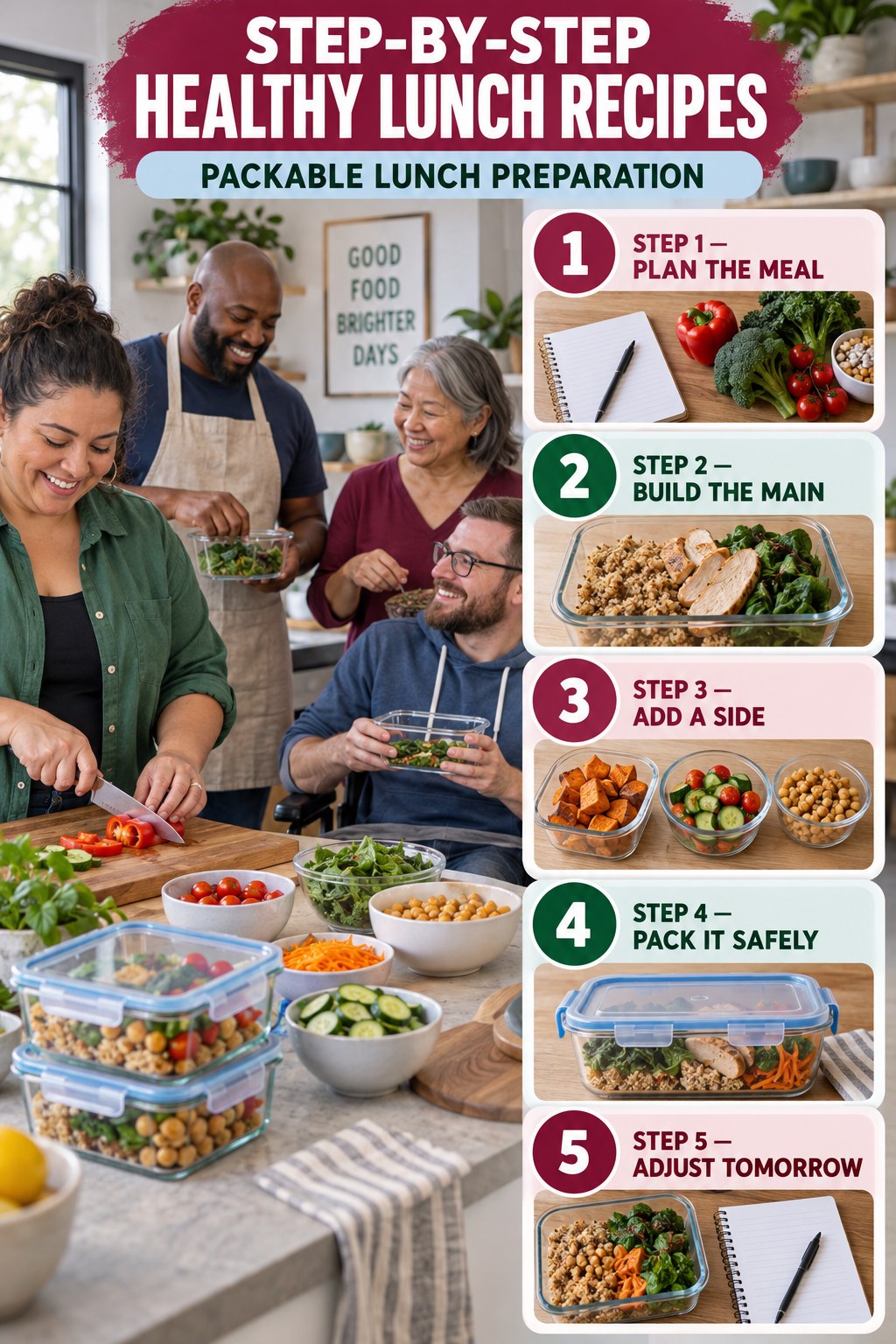 Healthy Lunch Recipes step-by-step graphic showing five numbered stages for packable lunch preparation.