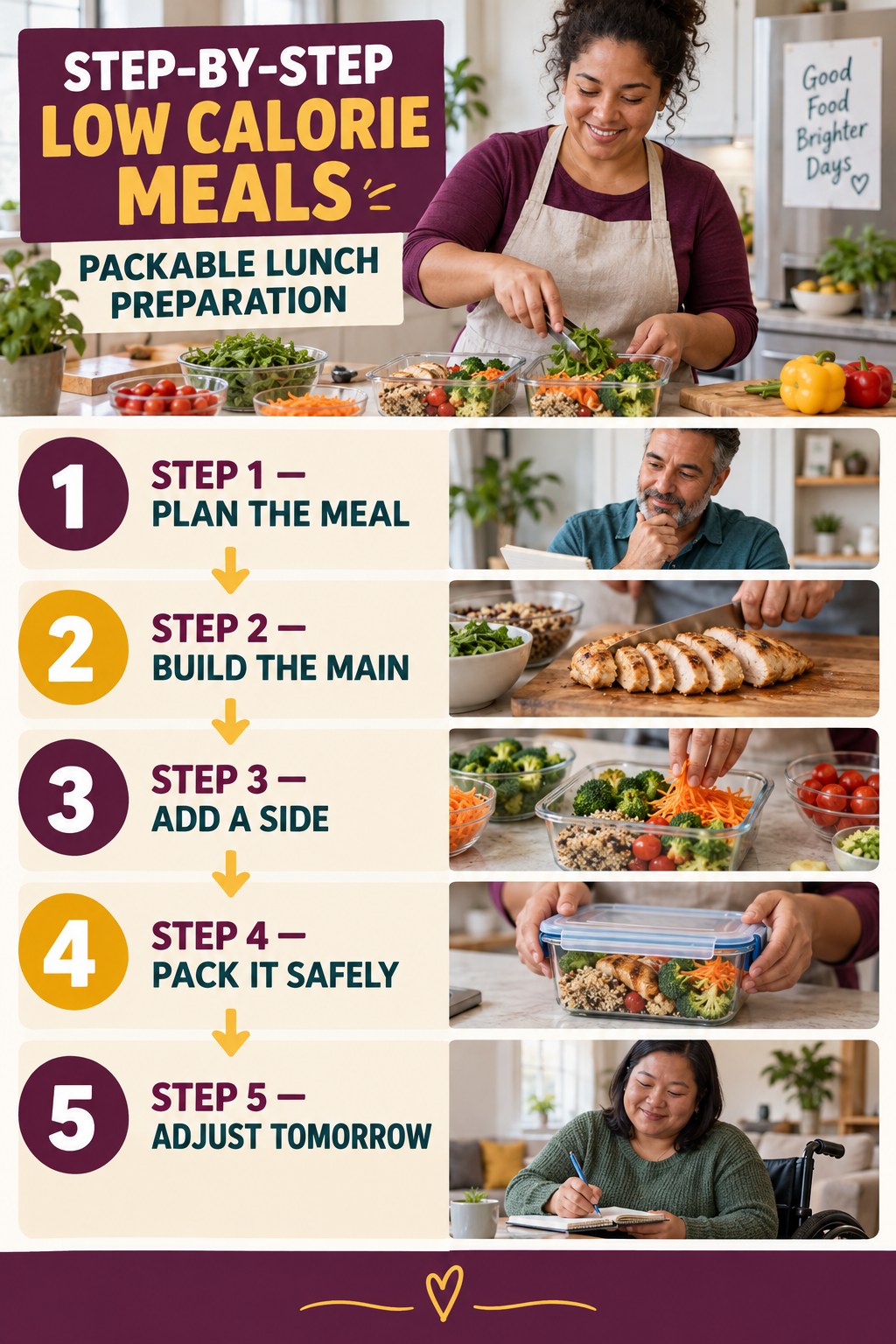Low Calorie Meals step-by-step graphic showing five numbered stages for packable lunch preparation.