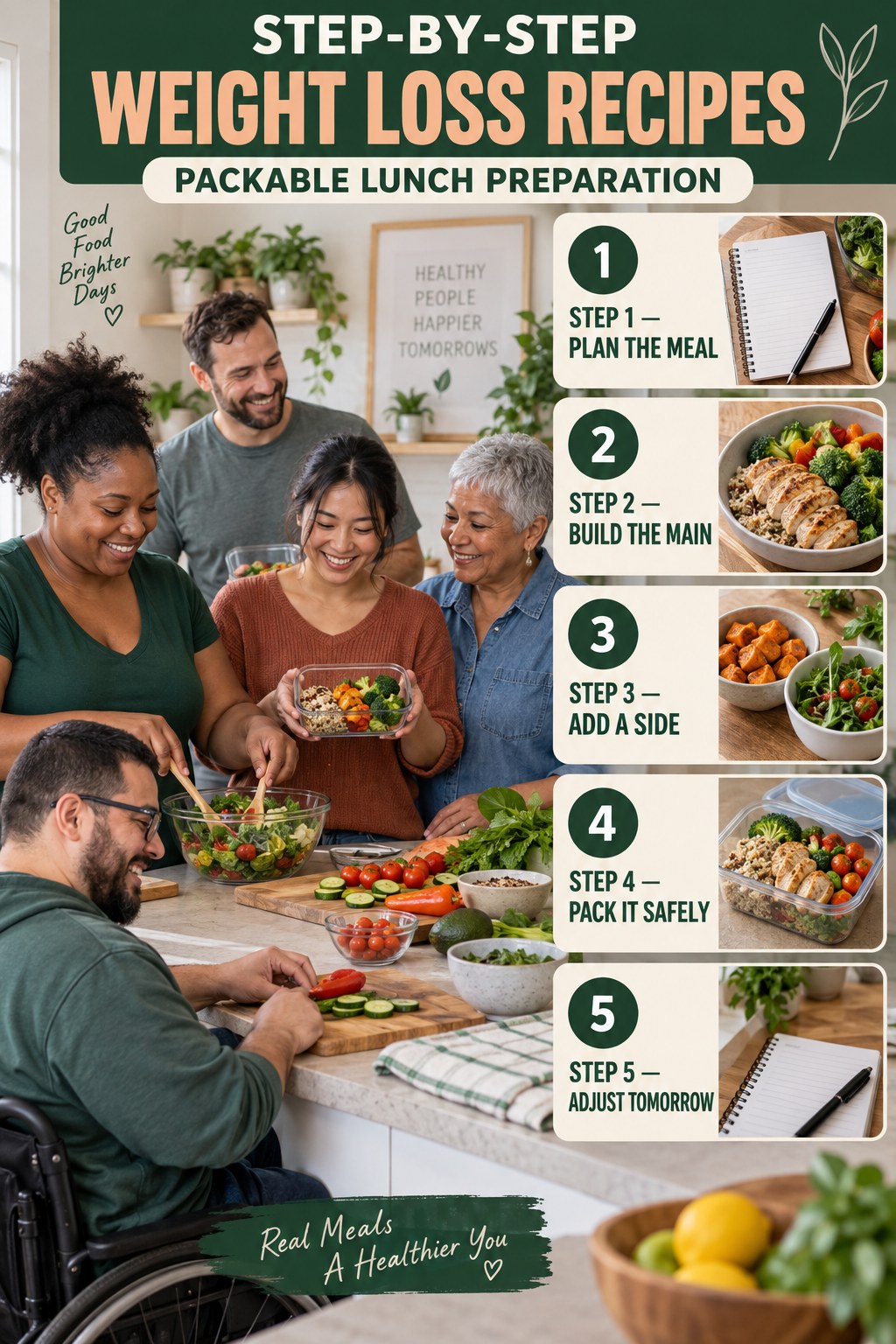 Weight Loss Recipes step-by-step graphic showing five numbered stages for packable lunch preparation.