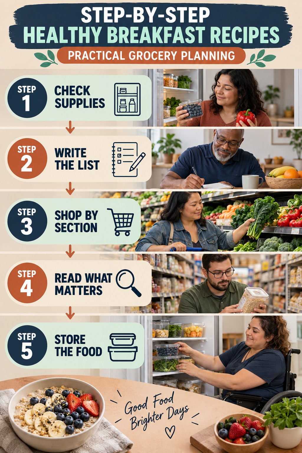 Healthy Breakfast Recipes step-by-step graphic showing five numbered stages for practical grocery planning.