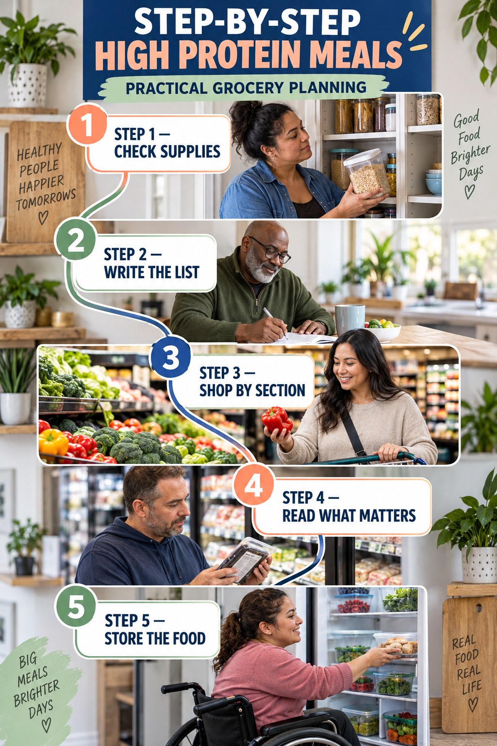 High Protein Meals step-by-step graphic showing five numbered stages for practical grocery planning.