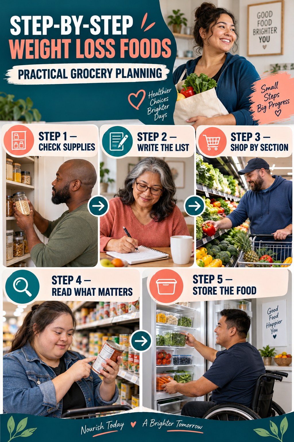 Weight Loss Foods step-by-step graphic showing five numbered stages for practical grocery planning.
