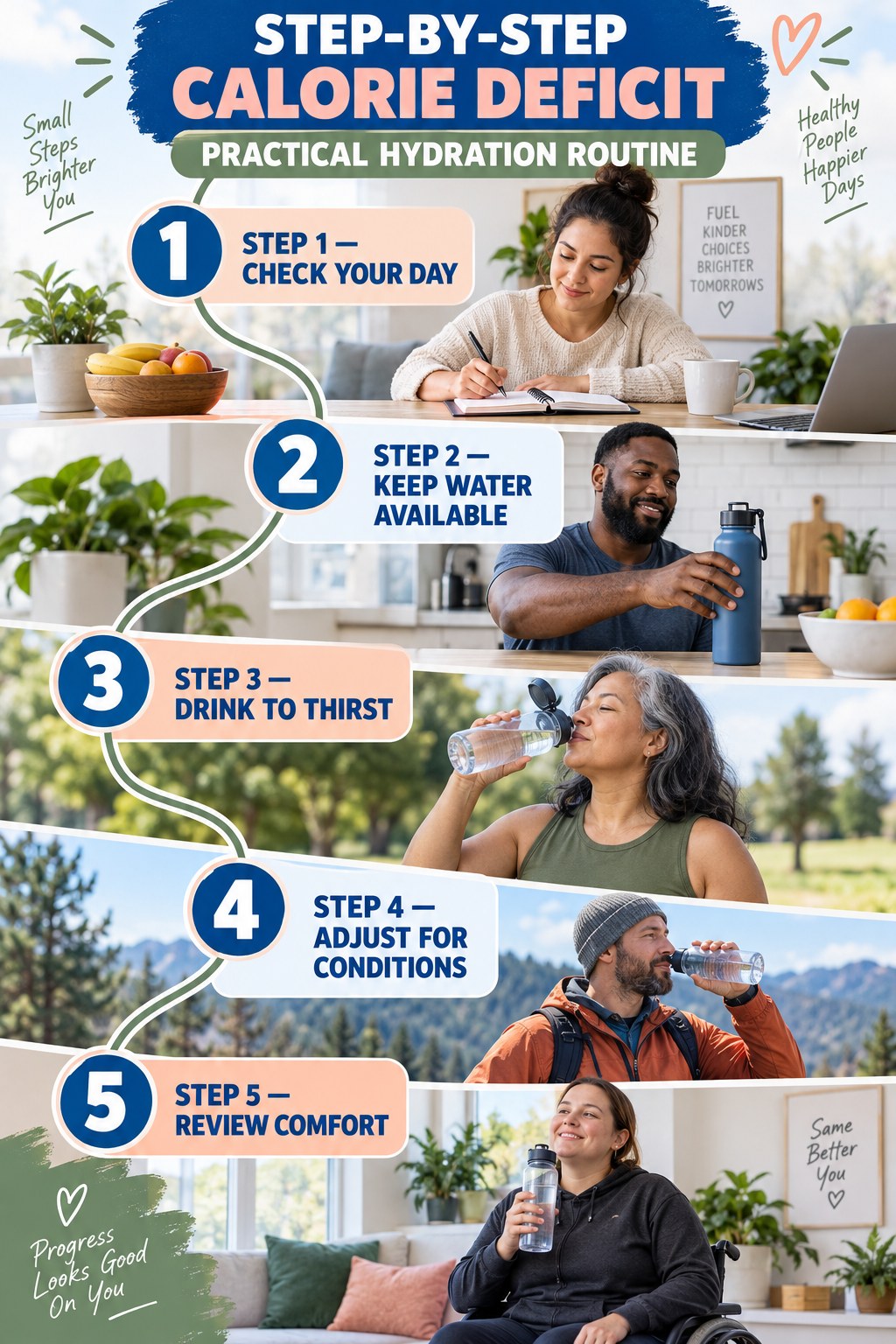 Calorie Deficit step-by-step graphic showing five numbered stages for practical hydration routine.