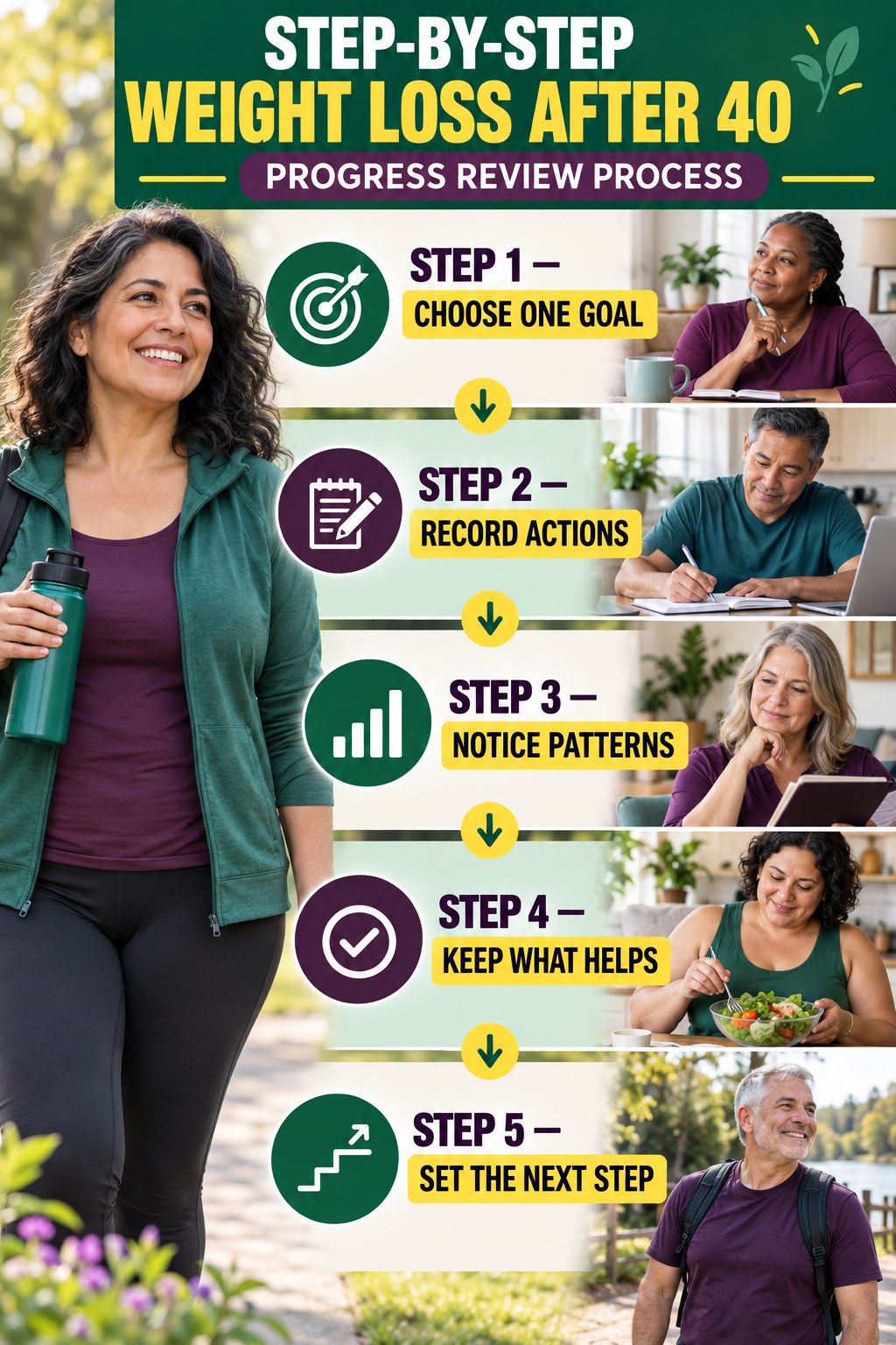 Weight Loss After 40 step-by-step graphic showing five numbered stages for progress review process.