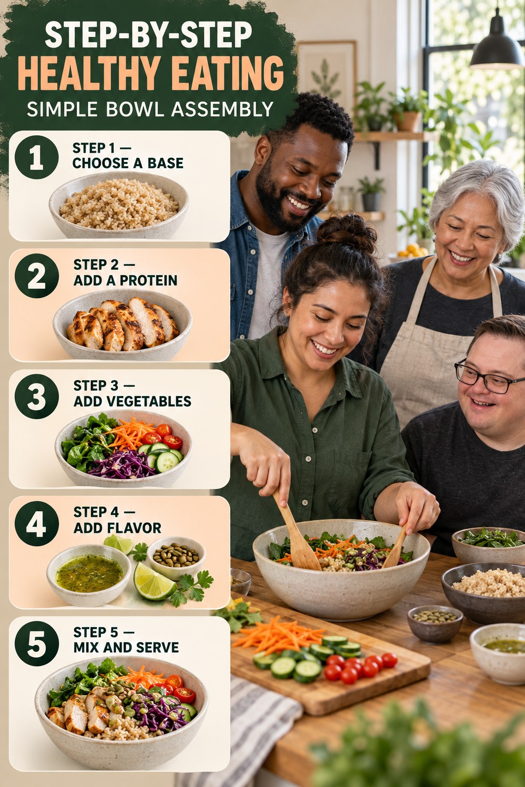 Healthy Eating step-by-step graphic showing five numbered stages for simple bowl assembly.