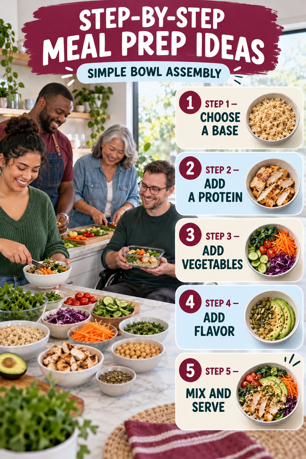 Meal Prep Ideas step-by-step graphic showing five numbered stages for simple bowl assembly.