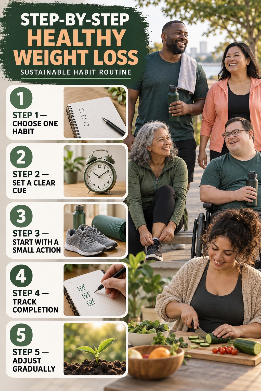 Healthy Weight Loss step-by-step graphic showing five numbered stages for sustainable habit routine.