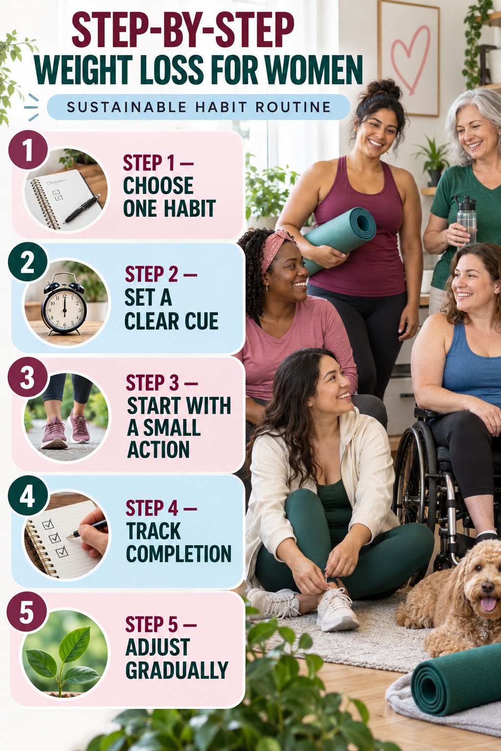 Weight Loss for Women step-by-step graphic showing five numbered stages for sustainable habit routine.