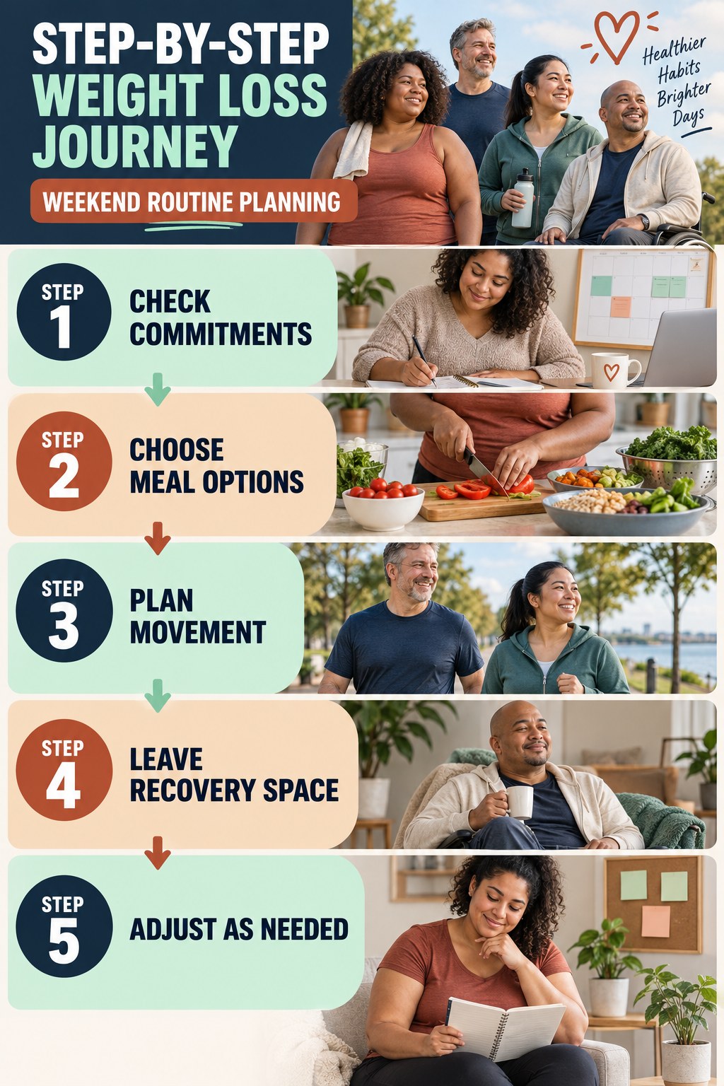 Weight Loss Journey step-by-step graphic showing five numbered stages for weekend routine planning.