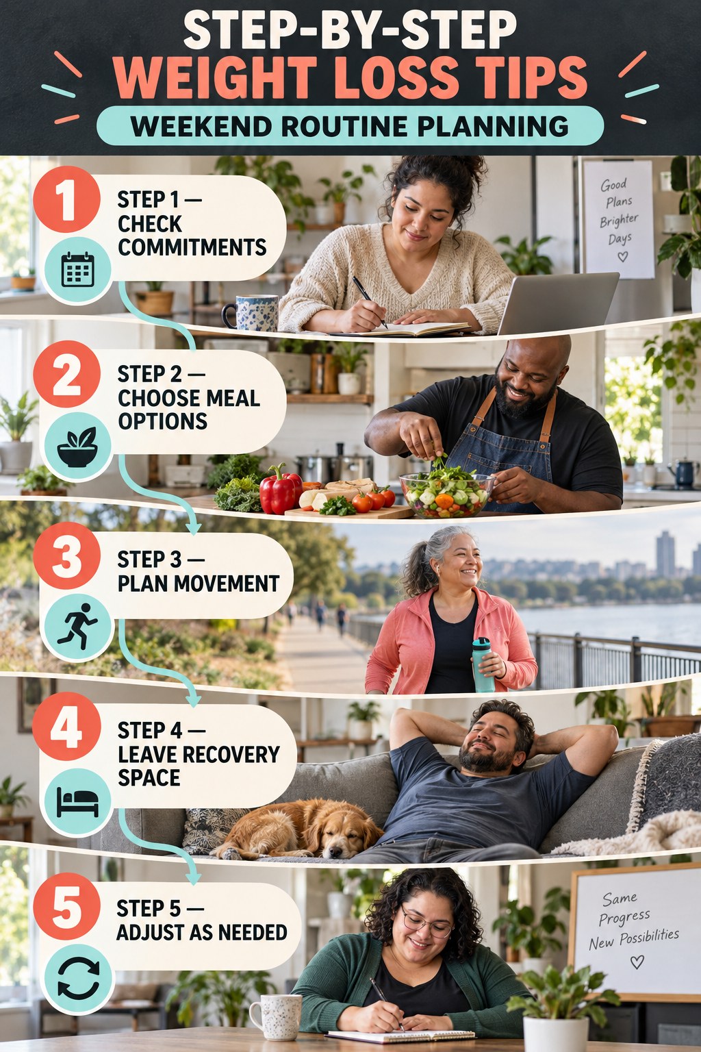 Weight Loss Tips step-by-step graphic showing five numbered stages for weekend routine planning.