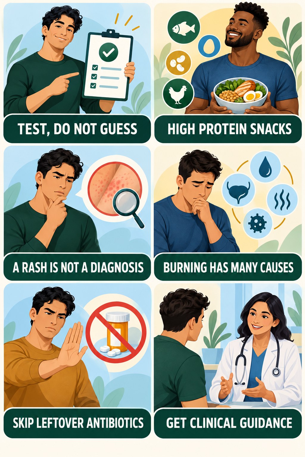 STI Symptoms Need Testing, Not Guessing infographic for High Protein Snacks with four concise, non-shaming sexual-health education points.