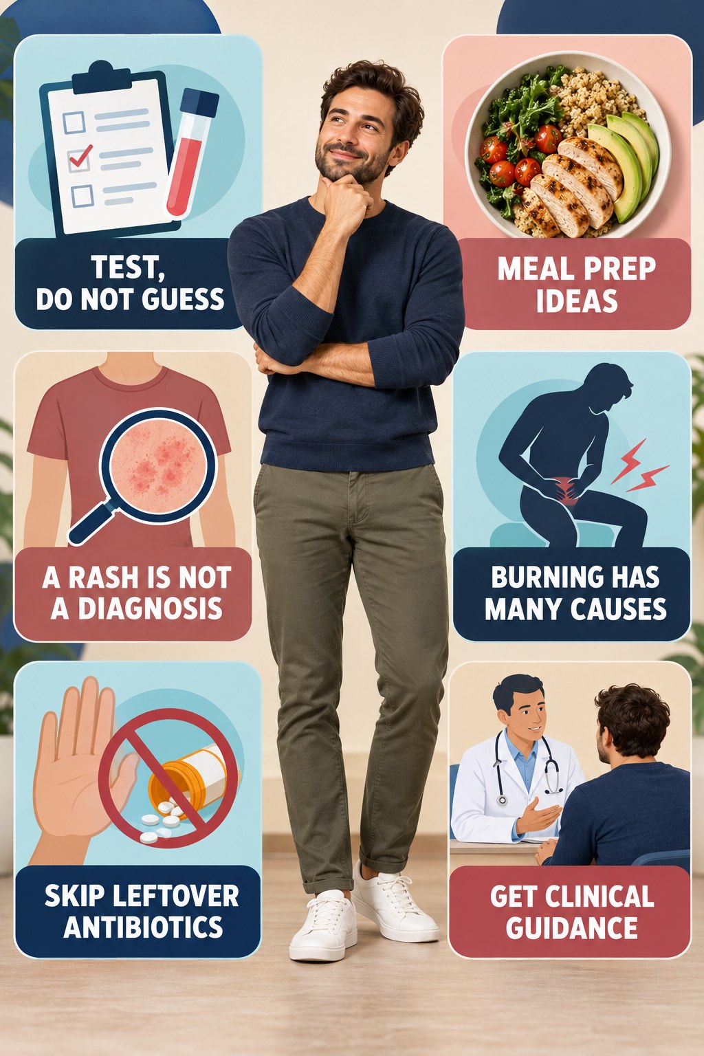 STI Symptoms Need Testing, Not Guessing infographic for Meal Prep Ideas with four concise, non-shaming sexual-health education points.