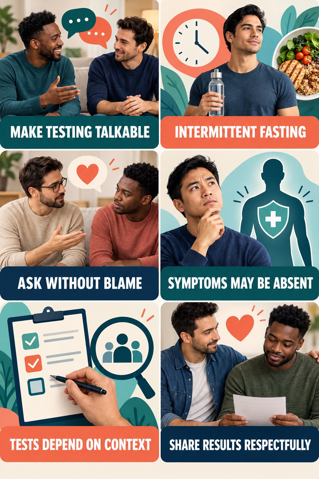 STI Testing Is a Health Conversation infographic for Intermittent Fasting with four concise, non-shaming sexual-health education points.