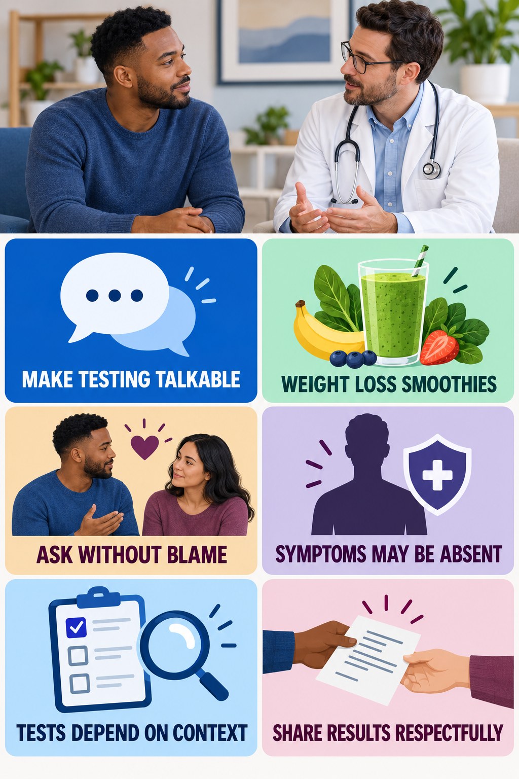 STI Testing Is a Health Conversation infographic for Weight Loss Smoothies with four concise, non-shaming sexual-health education points.