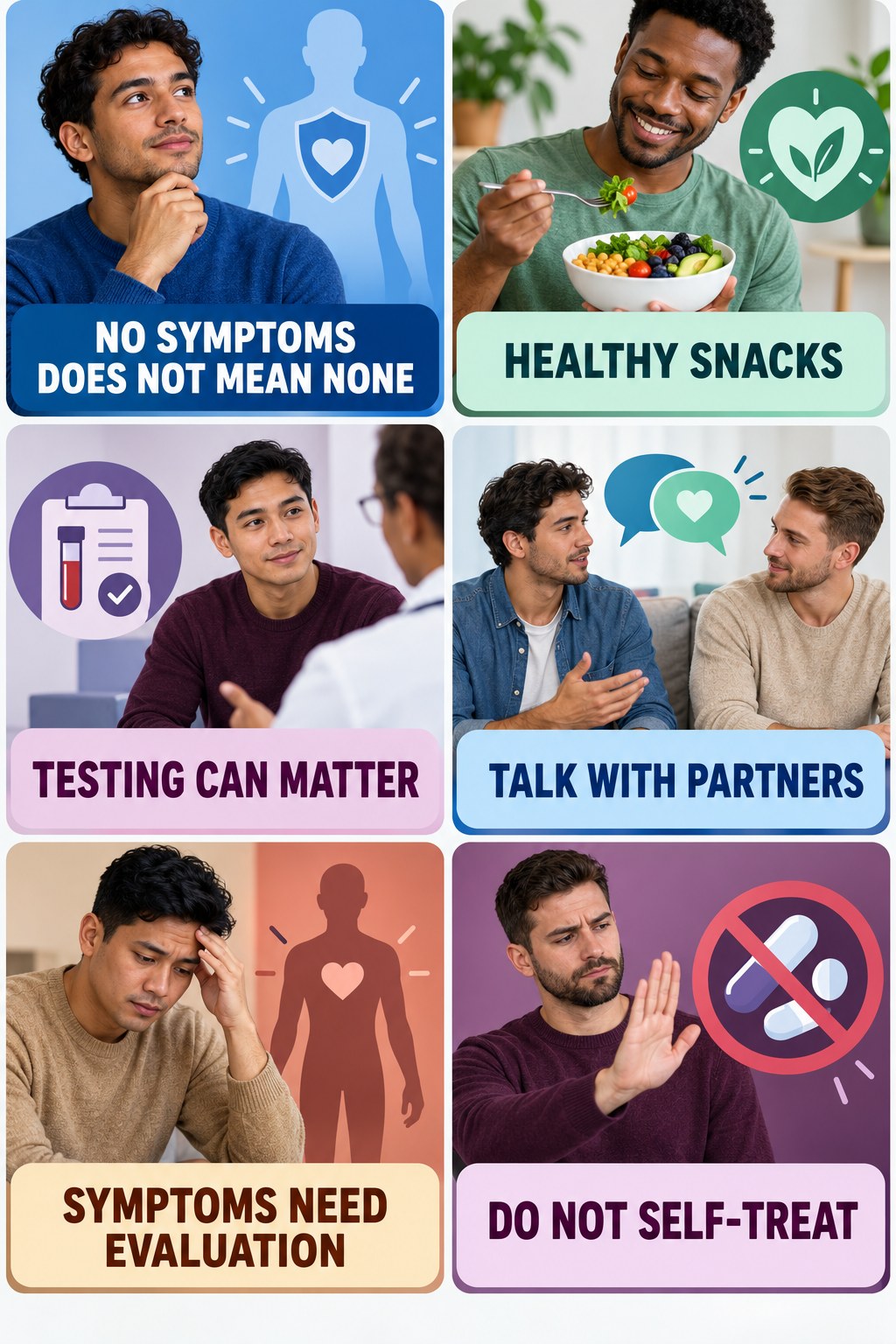 STIs Can Be Present Without Symptoms infographic for Healthy Snacks with four concise, non-shaming sexual-health education points.