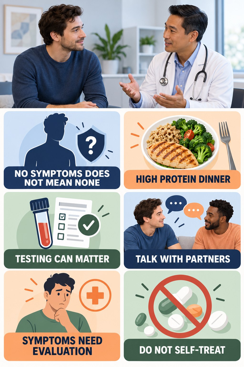 STIs Can Be Present Without Symptoms infographic for High Protein Dinner with four concise, non-shaming sexual-health education points.