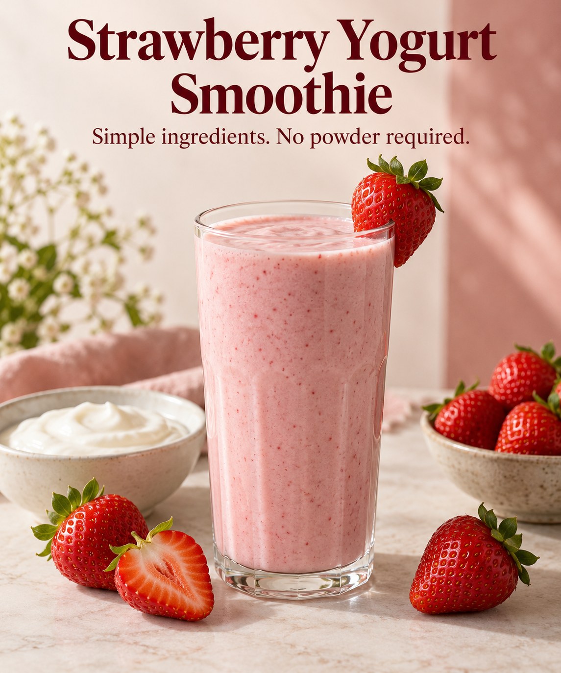 Pink strawberry yogurt smoothie in a glass with strawberries and a small yogurt bowl nearby.